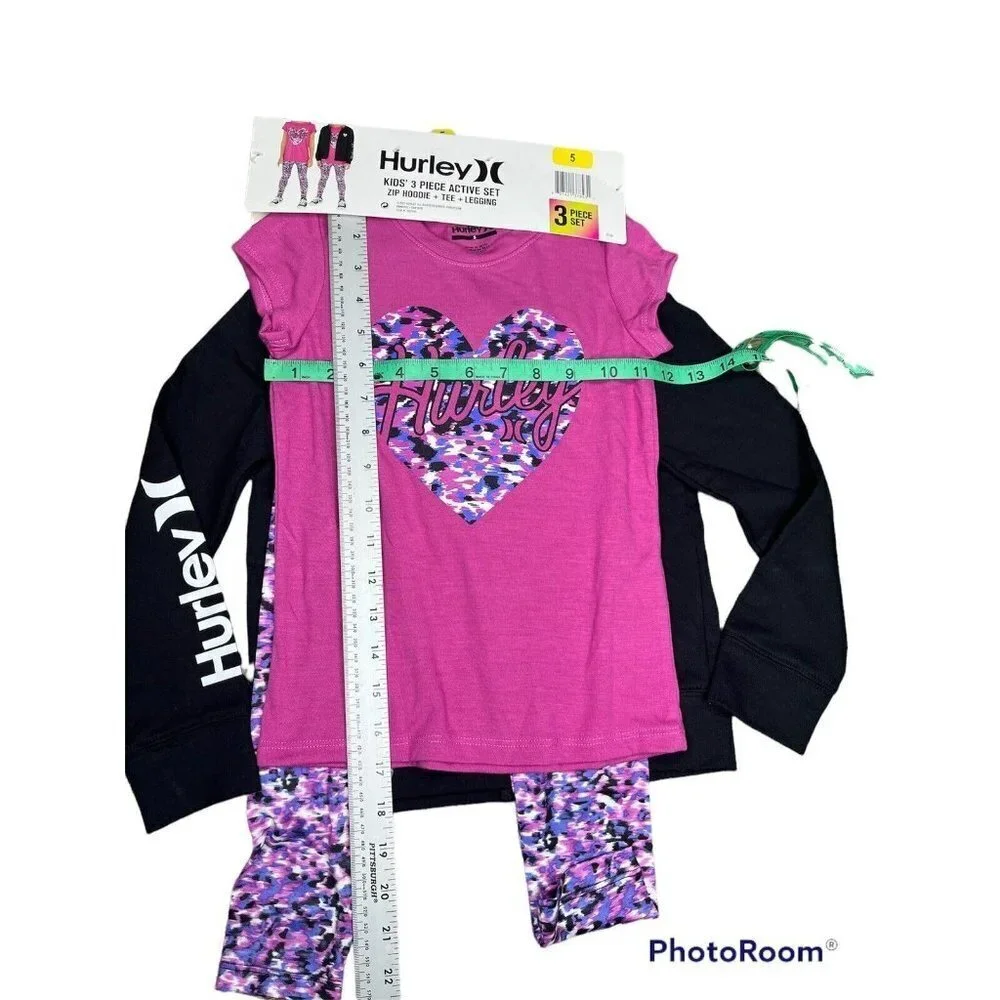 Hurley Girls Size 5 Kids' 3-piece Set  BLACK Active set Zip Hoodie, Tee, Legging